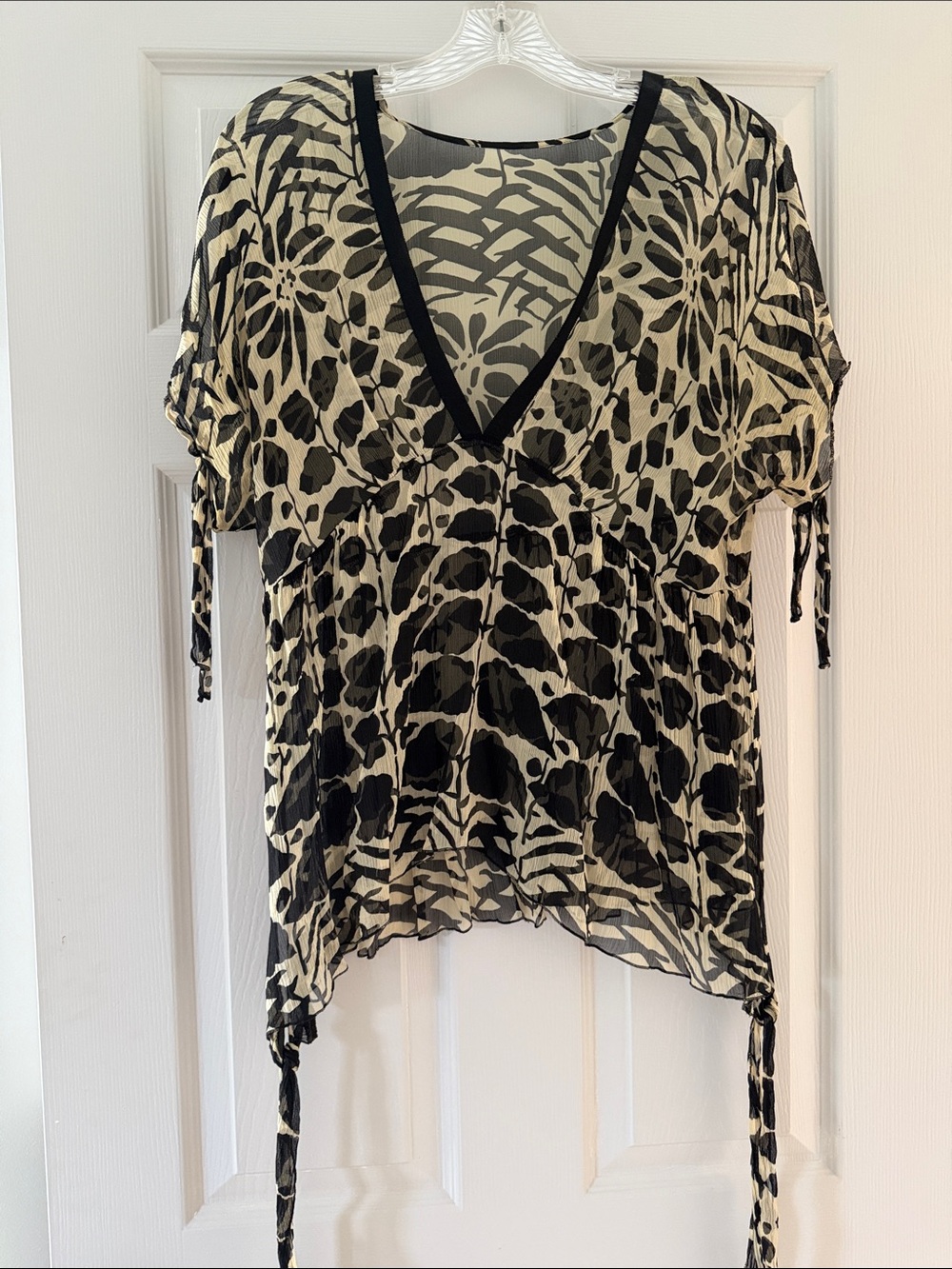 Anna Sui 100% Silk Black and Cream Sheer V-Neck Tunic
